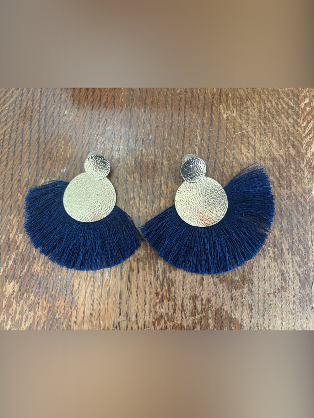 Gold Disc Navy Fringe Statement Earrings - Women Accessories